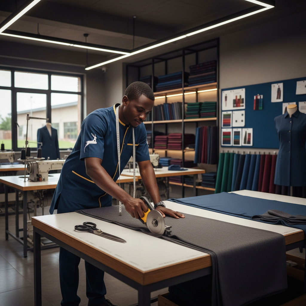 Professional tailor measuring and cutting premium fabric on large cutting table in modern workshop